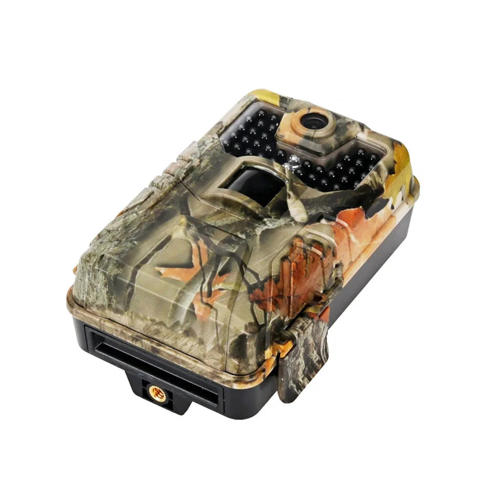 Outdoor Bluetooth hunting trail camera with camouflage finish and infrared LEDs for night vision.