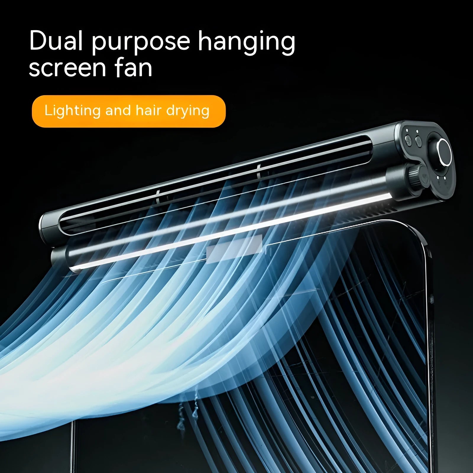 Black USB-powered bladeless clip-on fan with LED light attached to laptop screen