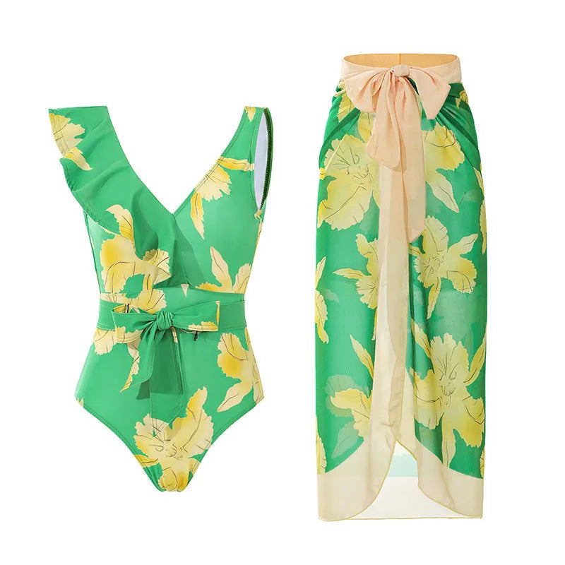 Women's solid colour one-piece swimsuit with spaghetti straps and an attached skirt