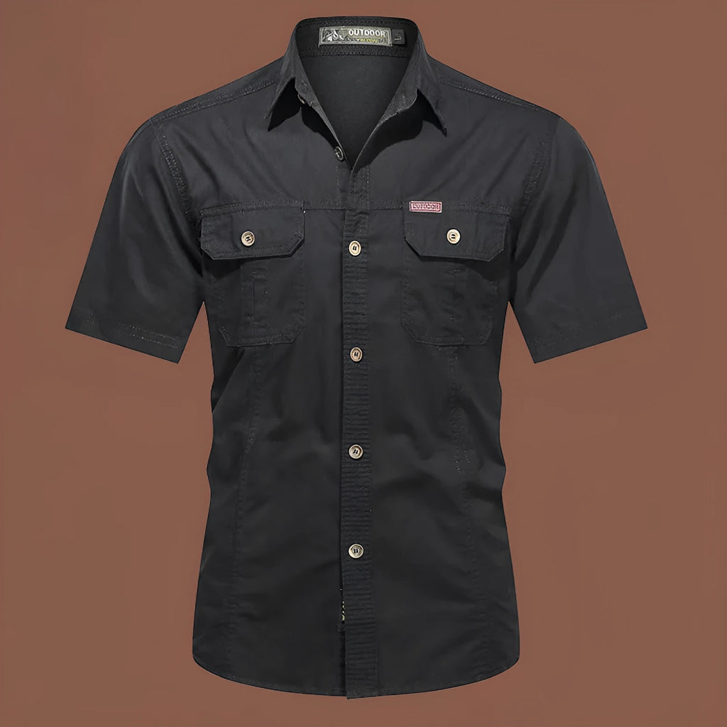 Men's army green cotton short sleeve work shirt with a cardigan style and loose fit.