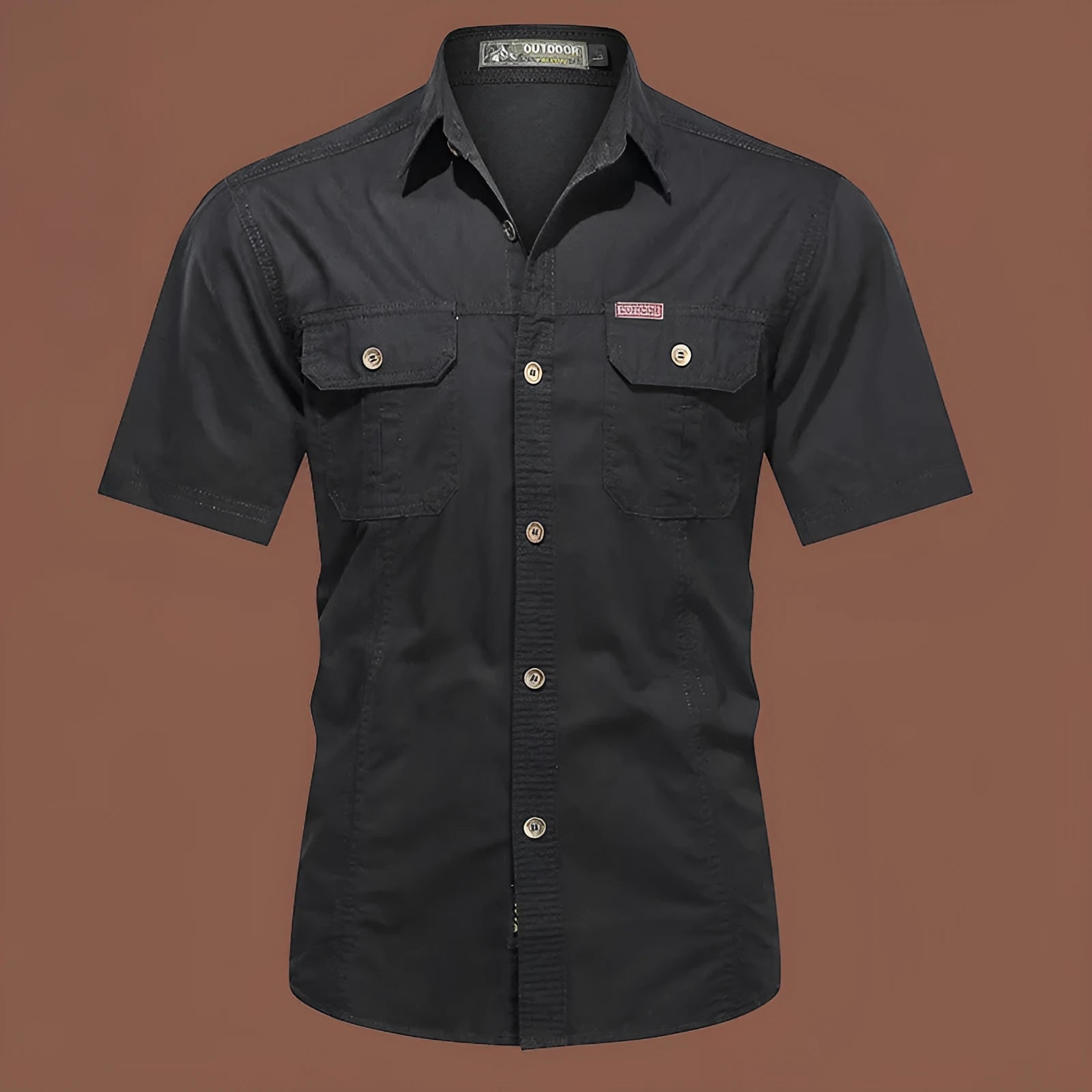Men's army green cotton short sleeve work shirt with a cardigan style and loose fit.