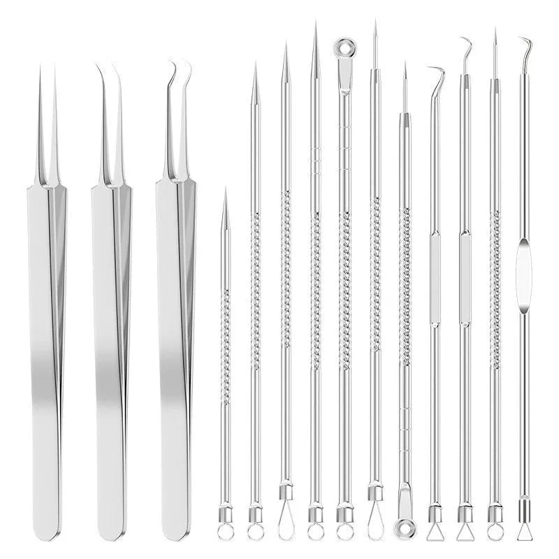 Four metal acne needles with ultra fine points stored in a black plastic clip.