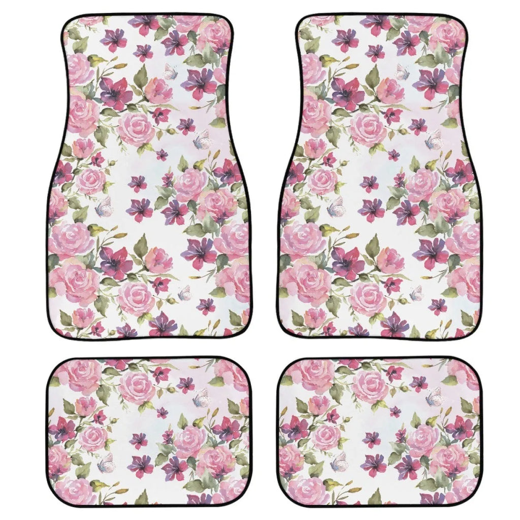 Black printed rubber car floor mat set showing front and rear pieces with textured surface.