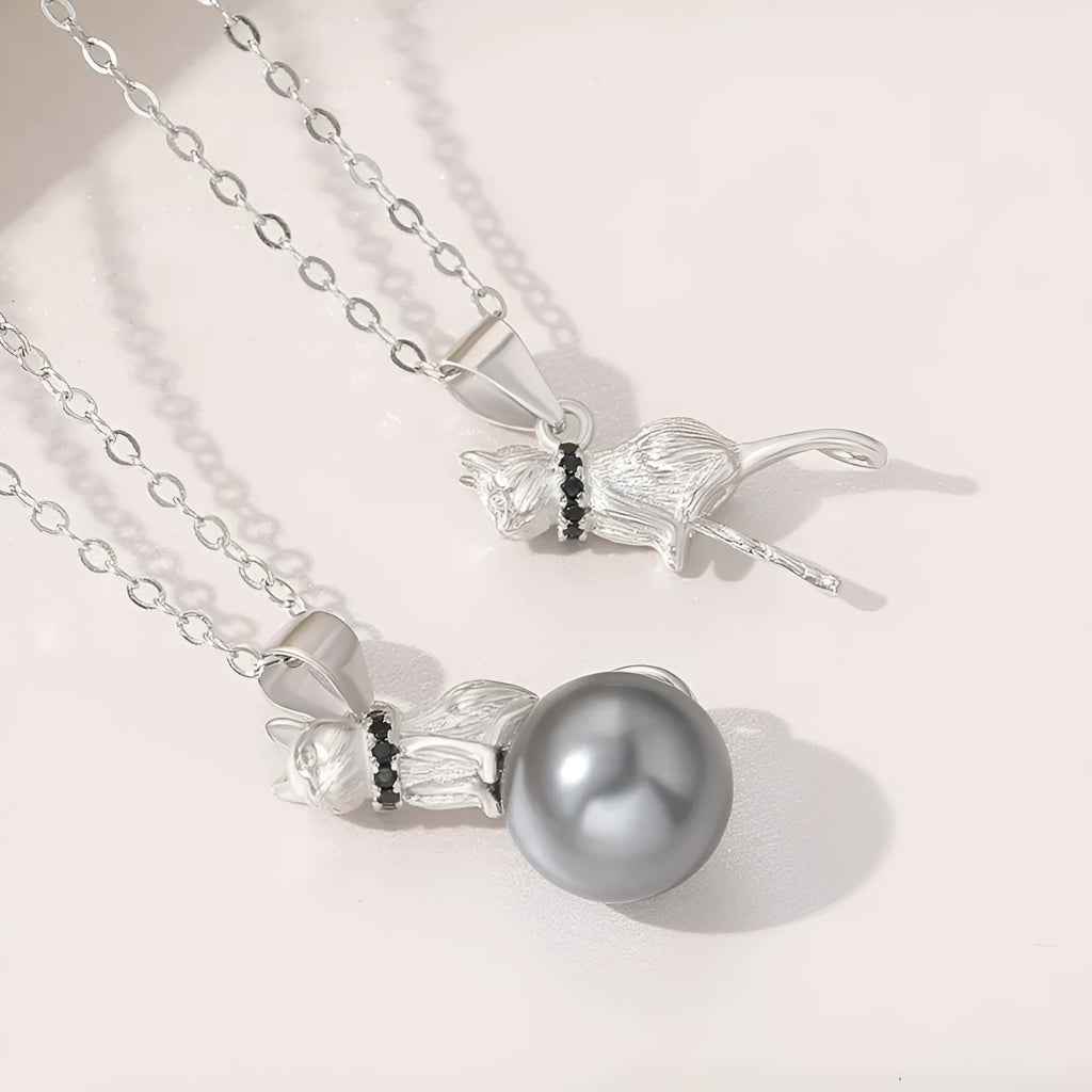 925 sterling silver cat pendant necklace with electroplated finish shown in pendant and necklace formats