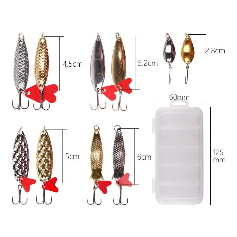 Box of pineapple sequin fishing lure crafting components with metal sequins and multi-colour fabric.