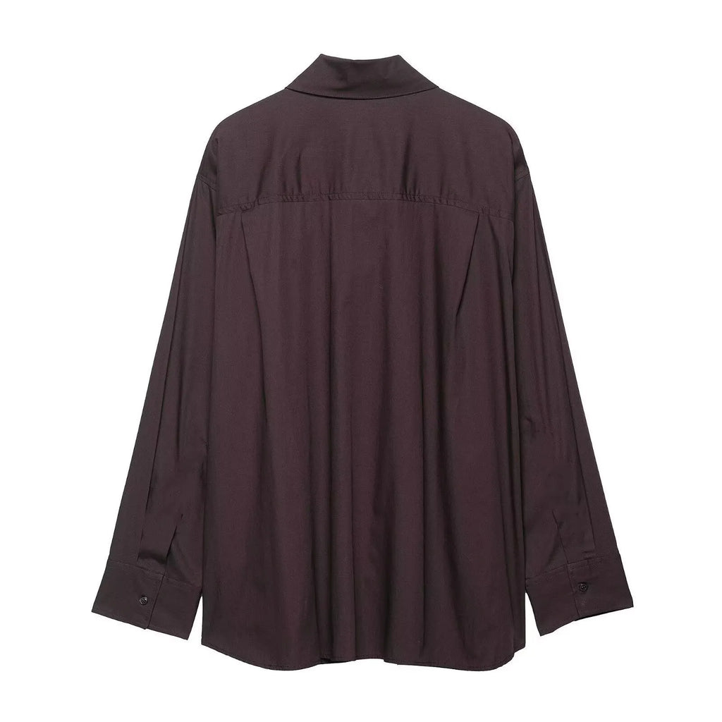 Brown women's poplin shirt with long sleeves and bow tie detail