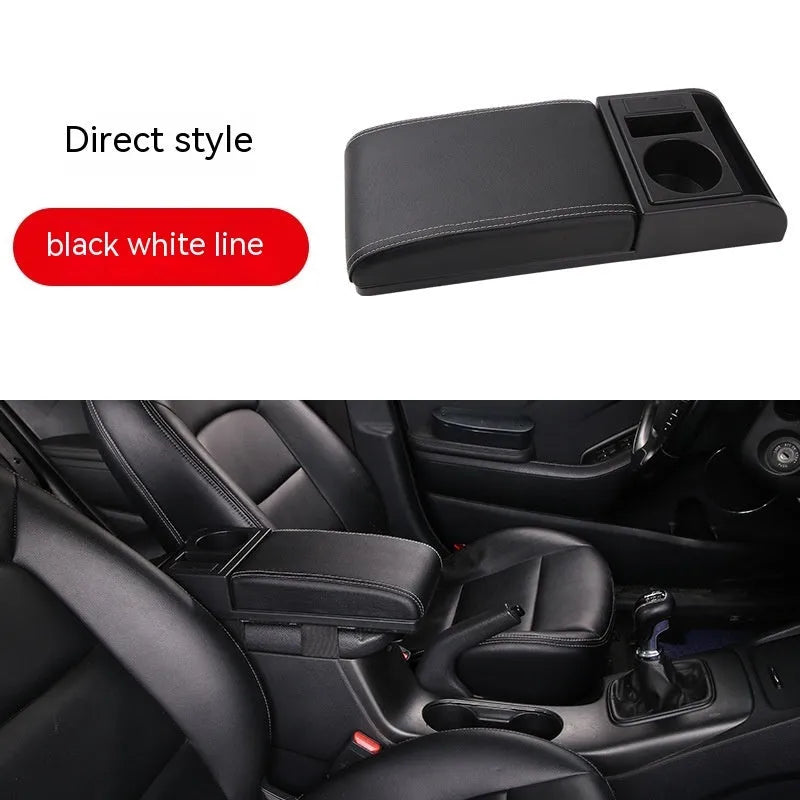 Universal plastic car armrest cover in black with red cord stitching on a centre console