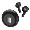 White Wireless Budz5 Bluetooth earbuds with their charging case on a table.