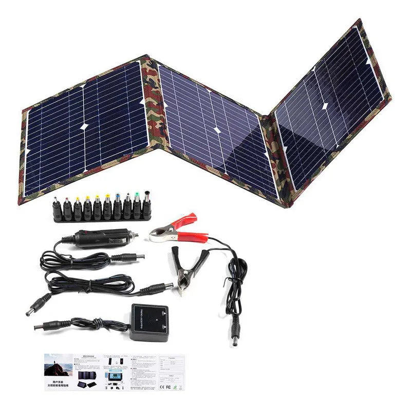 Black foldable solar panel with three monocrystalline silicon cells, car charger, and USB hub accessories