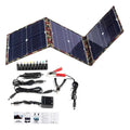 Black foldable solar panel with three monocrystalline silicon cells, car charger, and USB hub accessories