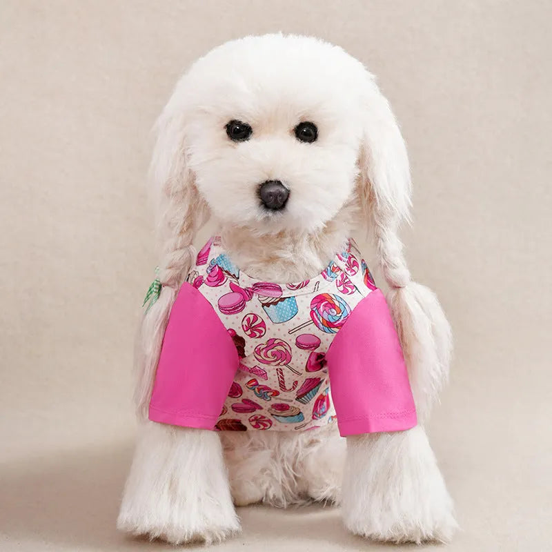 Full printed polyester dog t-shirt for small breeds with sizing chart showing measurements for S to XXL sizes