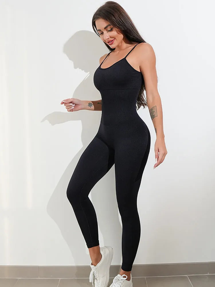 Women's black seamless jumpsuit with adjustable spaghetti straps and tummy control