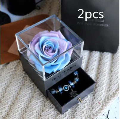 Preserved eternal rose and carnation gift box in glass display case for jewellery storage