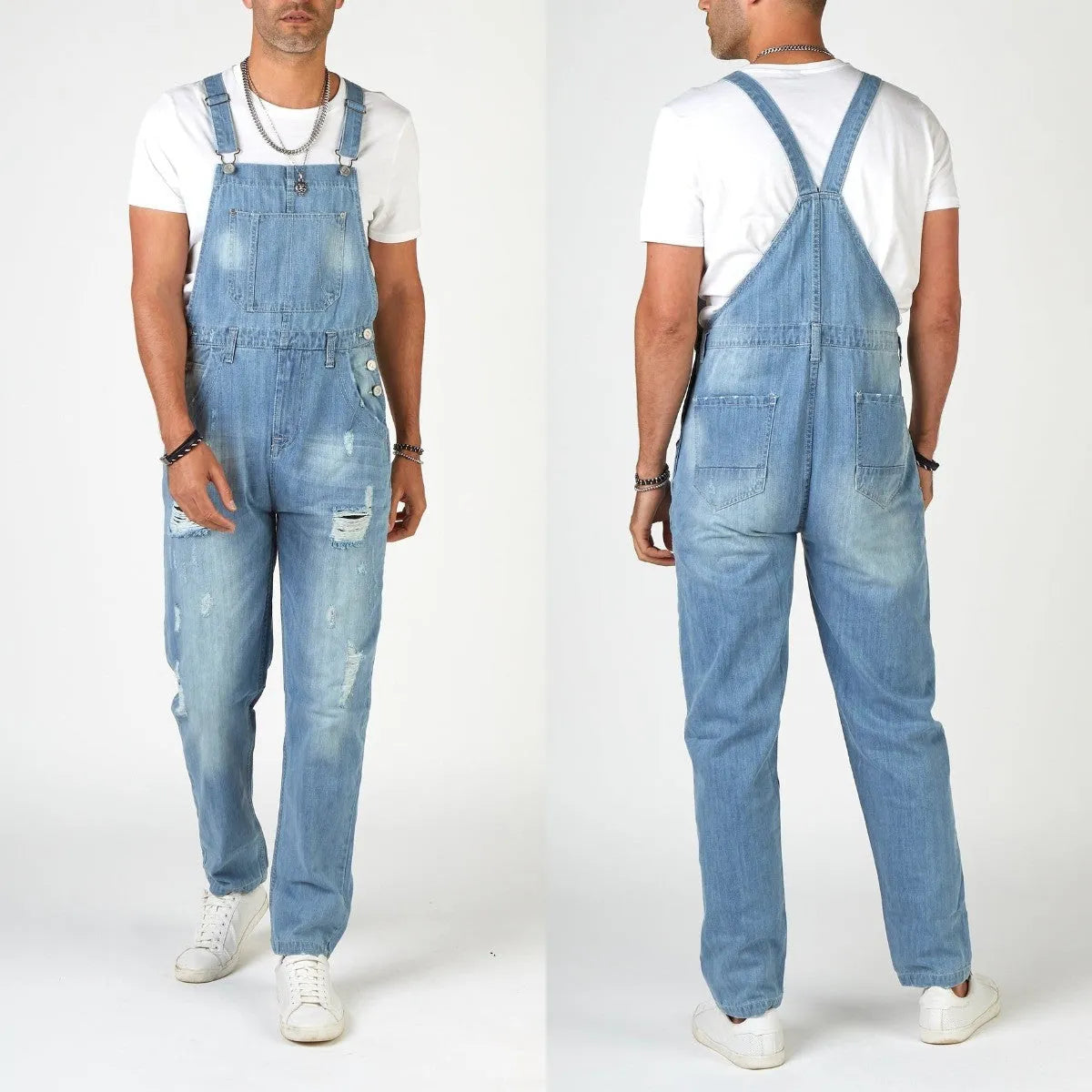 Men's light blue high-waisted suspender jeans with straight leg design and button fly closure
