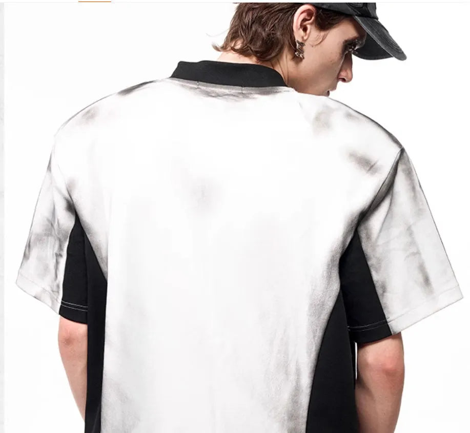 V-neck short sleeve polyester top with padded shoulders and letter snake pattern print in refined Korean style
