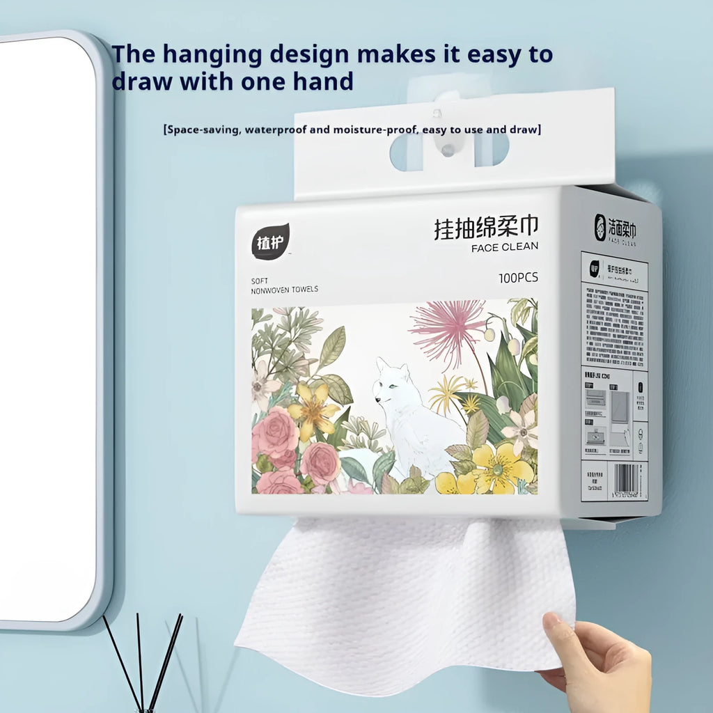 Disposable hanging towel roll with 100 soft towels for facial and body hygiene