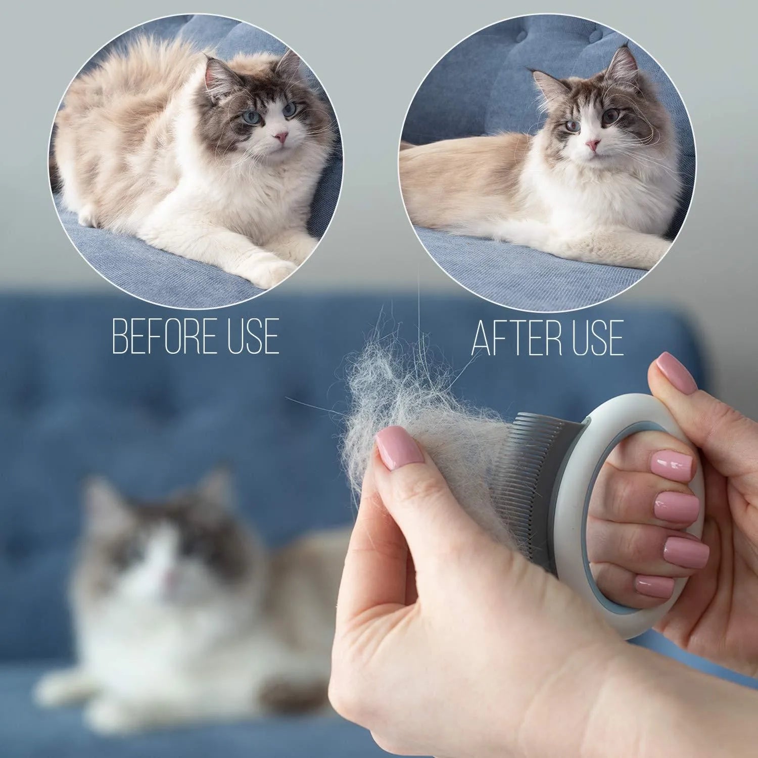 Blue pet grooming comb with ergonomic handle and soft teeth for cat and dog deshedding