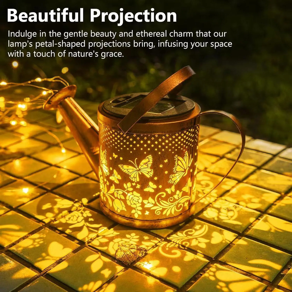 Solar powered wrought iron butterfly kettle garden light with decorative design for courtyard placement