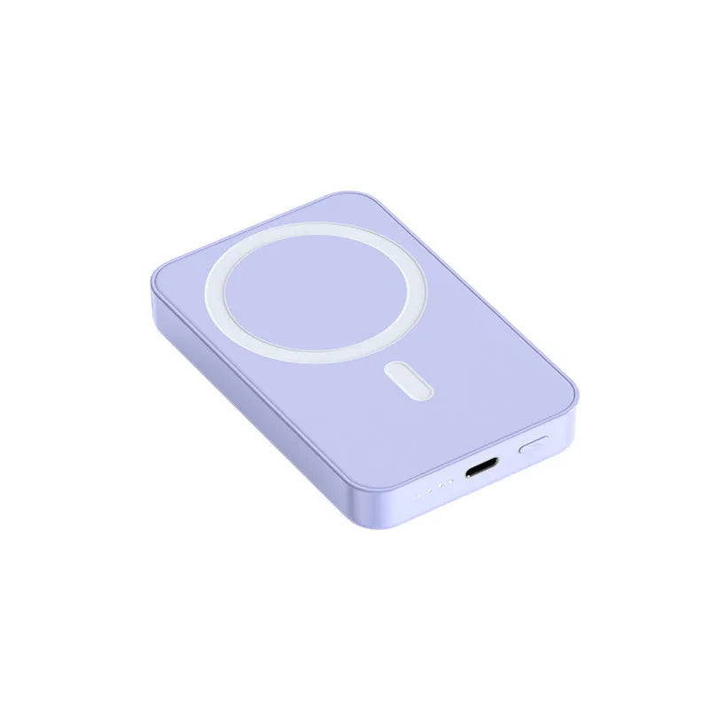 20000mAh wireless magnetic power bank in pink purple or white with 20W output and square aluminum shell measuring 100x64x18mm