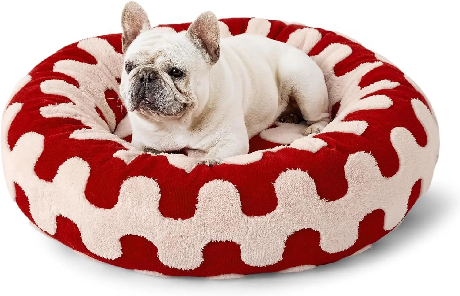 Round plaid dog bed with plastic base, shown in sea blue and white colour, with removable washable cover.