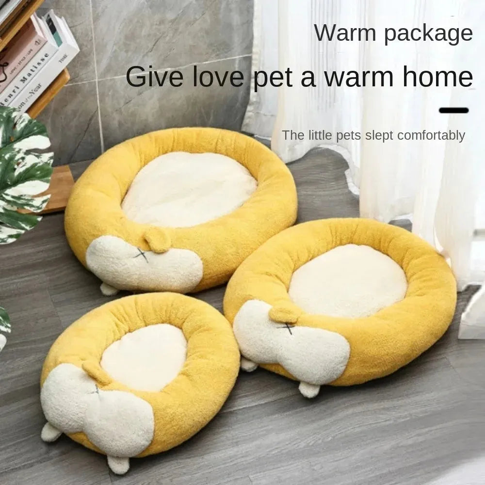 Corgi-shaped plush pet bed for dogs and cats in three sizes with soft filling