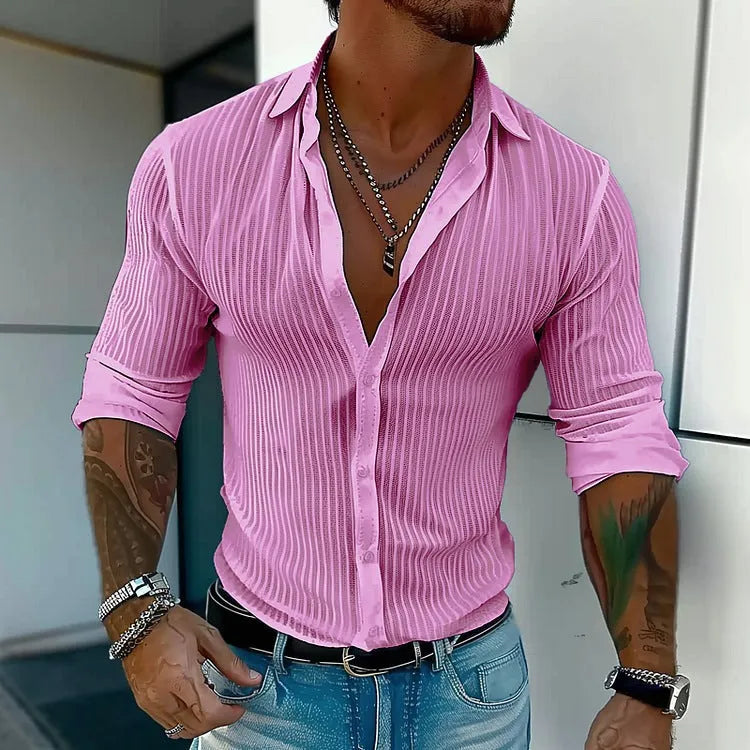 Men's striped cardigan long sleeve shirt with 3D pattern design in chemical fibre blend fabric