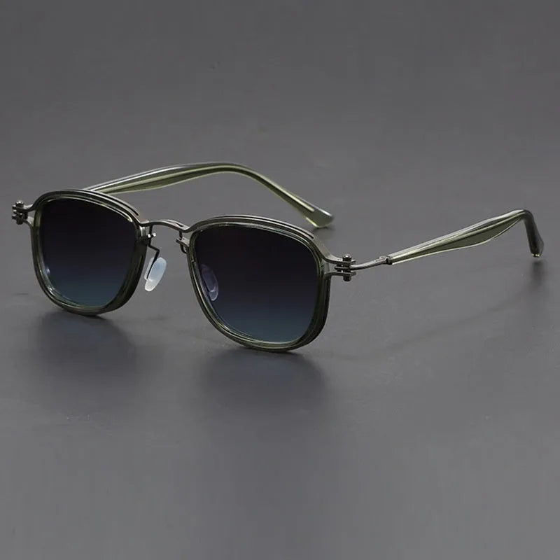 Retro square frame metal sunglasses with AC lenses in gun transparent green colour for outdoor sports and fashion