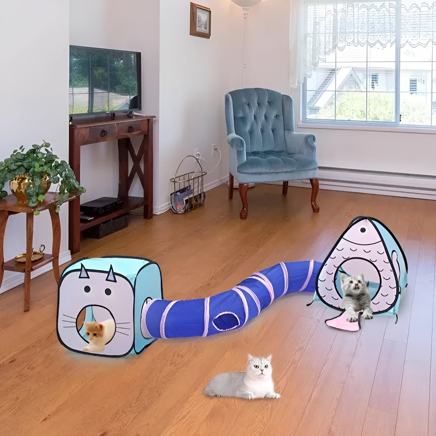 Foldable grey pet tent and tunnel set with cat and fish illustrations for indoor cat play.