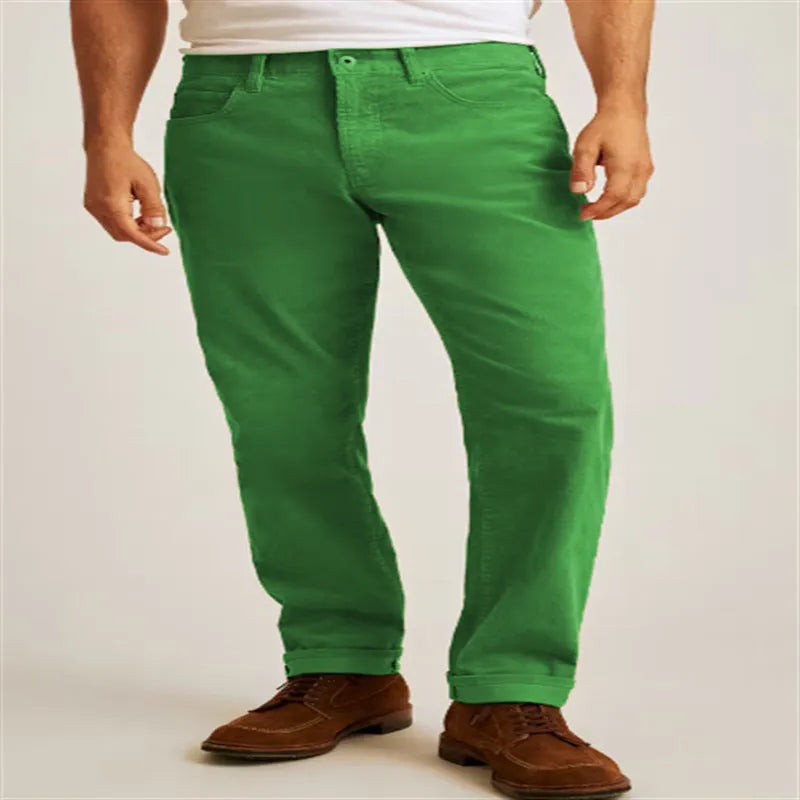 Corduroy straight-leg casual trousers in green colour with mid waist design and zip fly