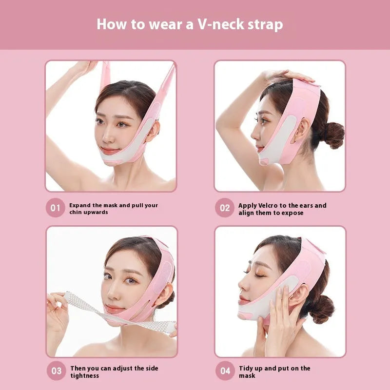 Pink and black elastic V-shaped face bandage for facial care support.