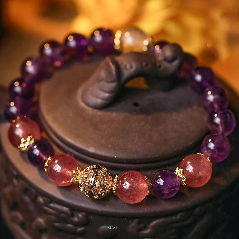 Retro style artificial crystal lucky bracelet for women in amethyst or yellow gold colour with electroplated finish.