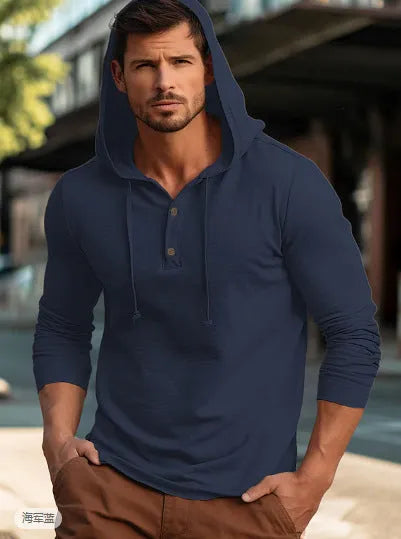 Cotton hoodie pullover in dark blue colour showing front view with long sleeves