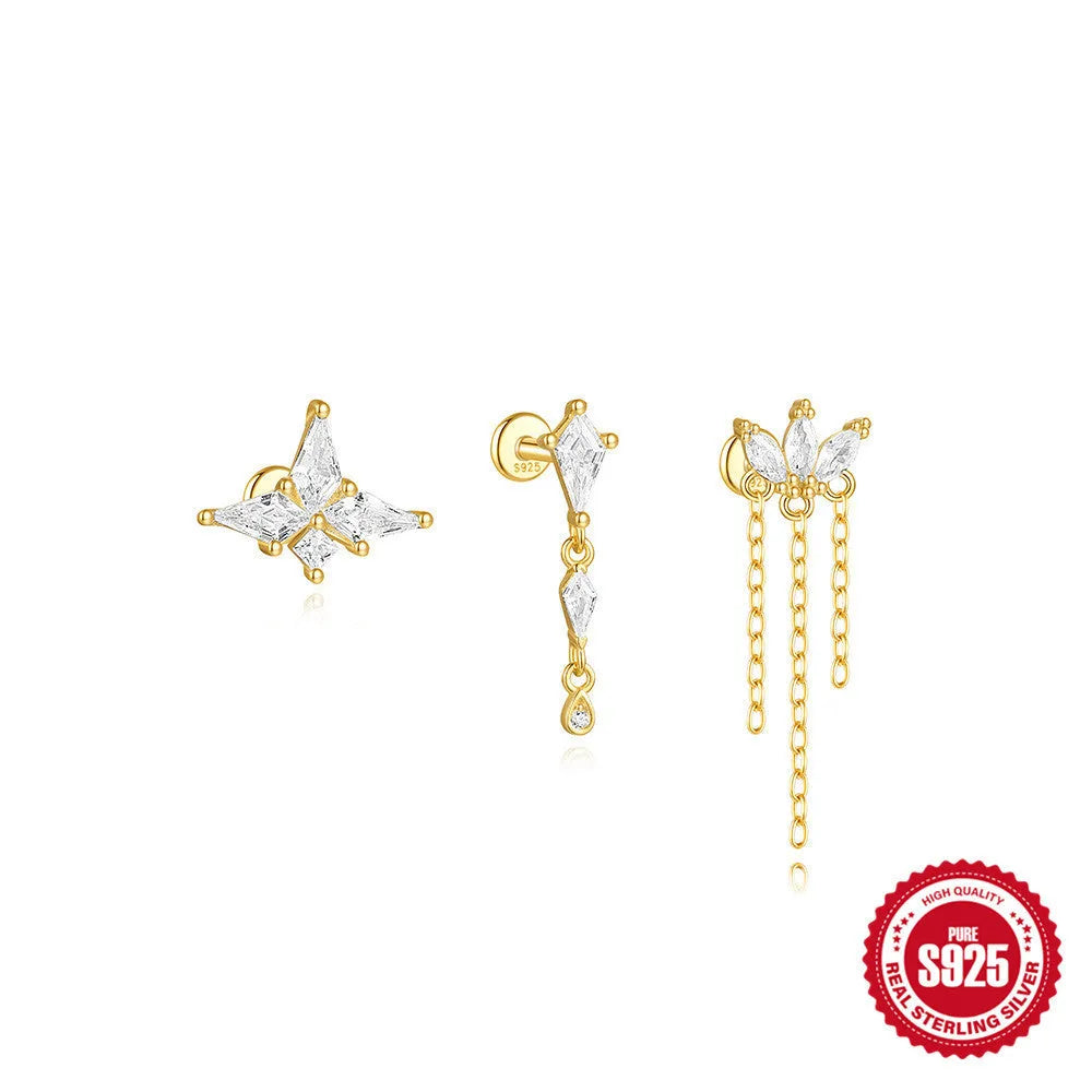 S925 sterling silver geometric kite earrings with a rhinestone-encrusted chain tassel, flat head stud design.