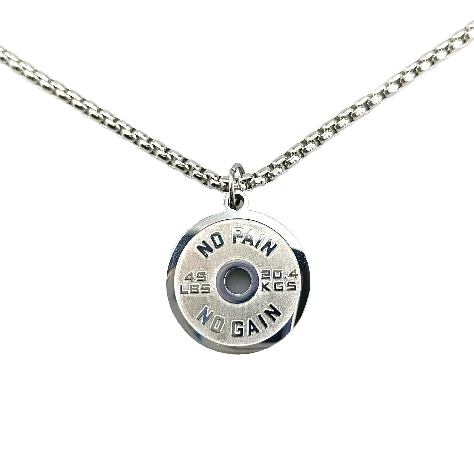 Polished stainless steel barbell disk pendant necklace with a choice of pearl, gold or black 60cm chains.