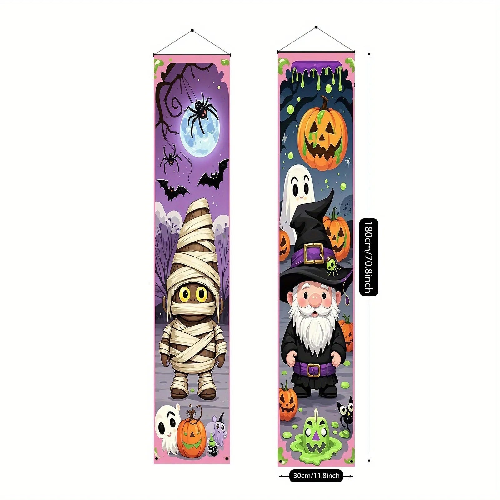 Pair of polyester Halloween couplet banners measuring 30cm by 180cm for door or wall decoration