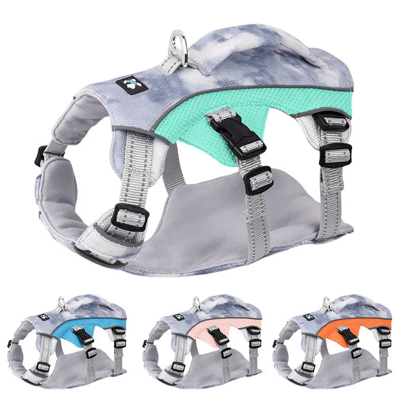 Reflective light blue pet cooling chest strap shown on a dog model