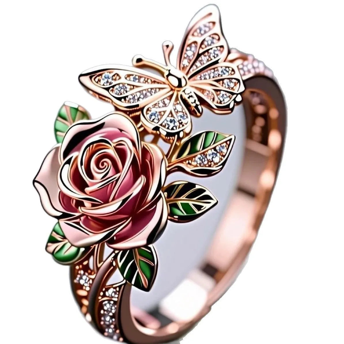 Colourful butterfly personality ring with oil drip finish and floral insect modelling on adjustable band