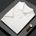 Men's short sleeve lapel sweater in mulberry silk, shown in a solid colour on a model.