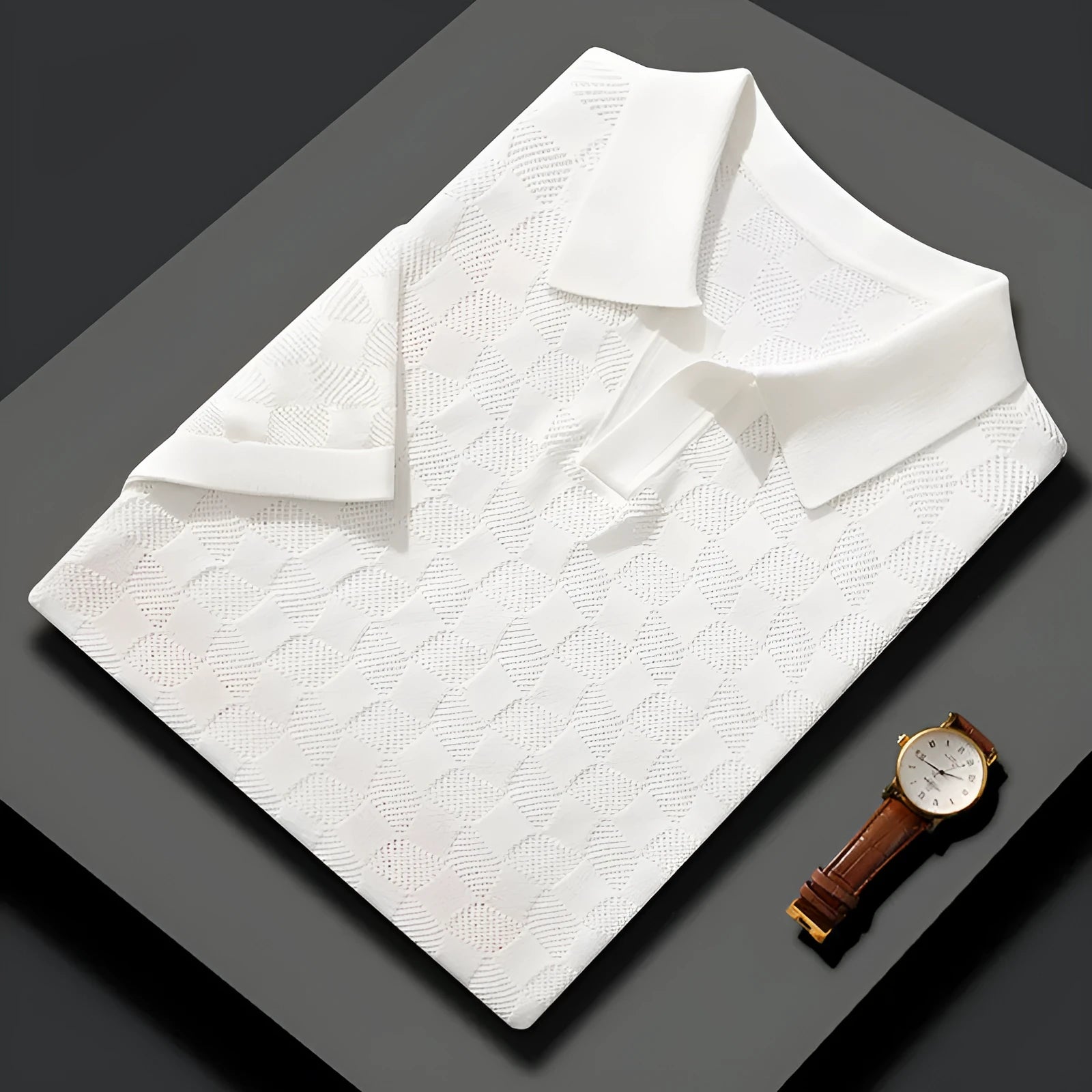 Men's short sleeve lapel sweater in mulberry silk, shown in a solid colour on a model.