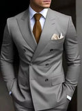 Man modelling a slim fit grey two-piece Korean style business suit.