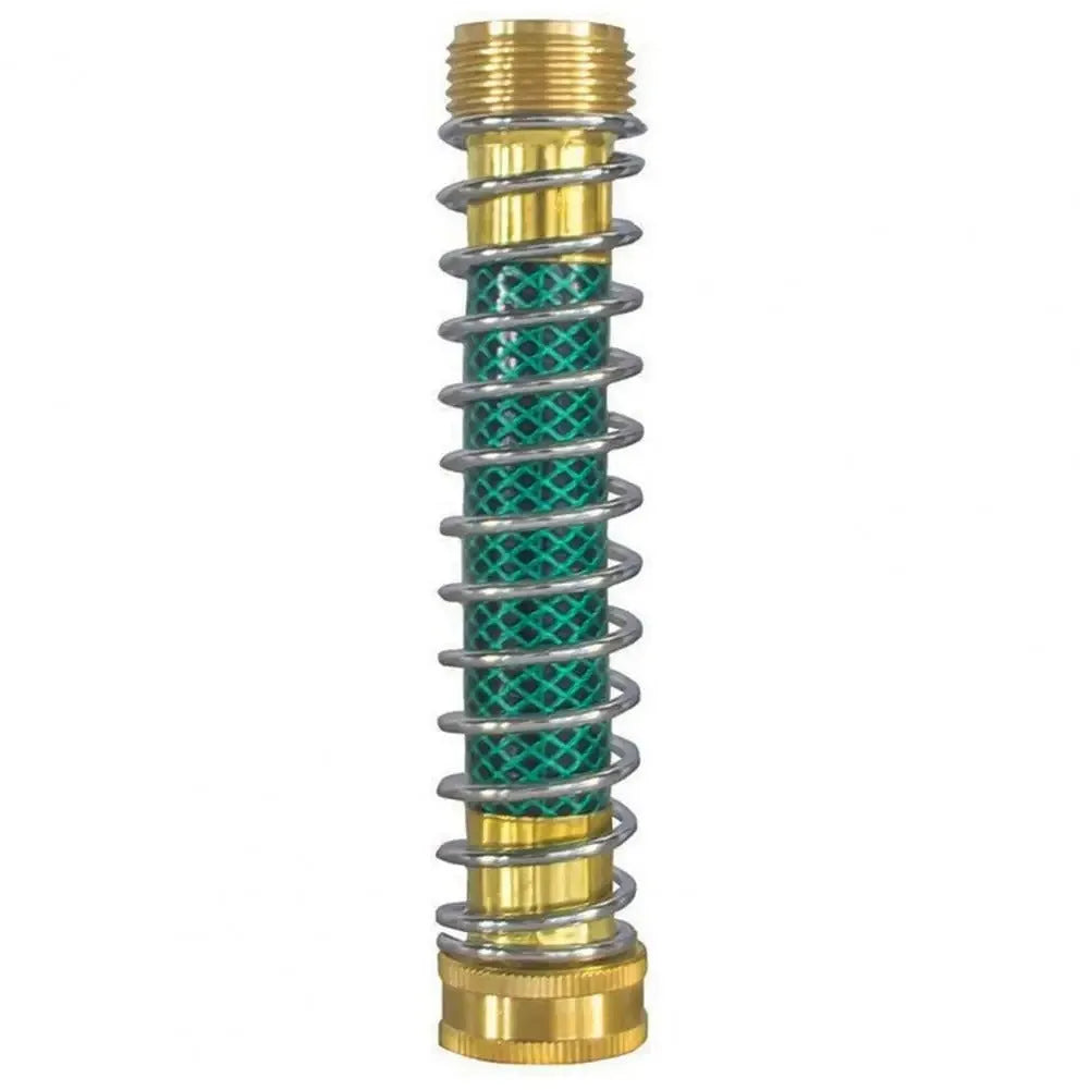 Brass garden hose connector with spiral spring anti-kink design, showing 3/4 inch threaded ends.