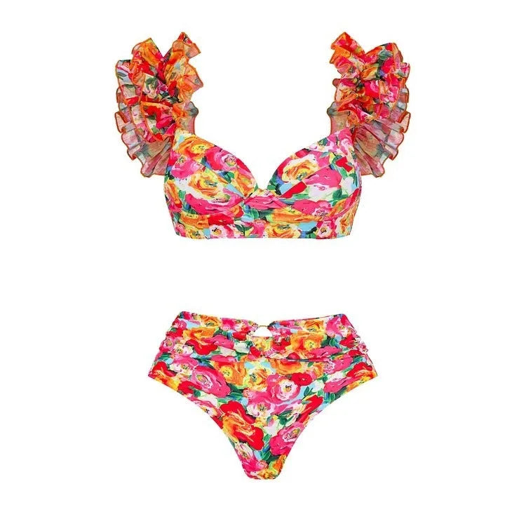 Women's floral print push up bikini swimsuit with high waist split design in two-piece set configuration