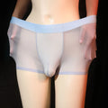 Men's ultra-thin light gray nylon boxer underwear laid flat, showing solid colour design.