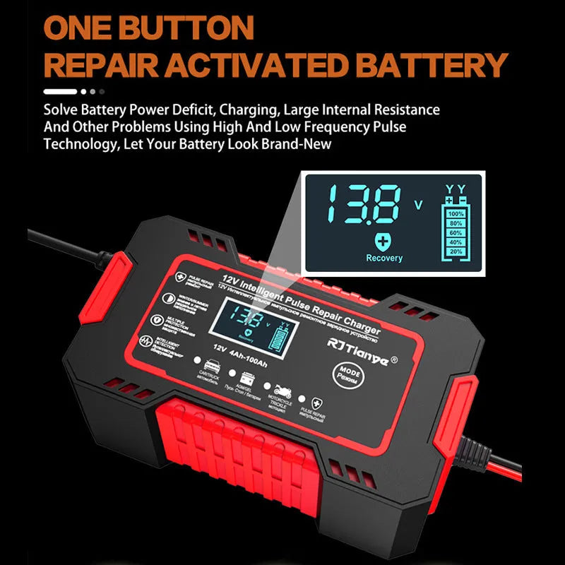 Red American standard car battery charger for lead-acid batteries with on-screen display, 213 x 110 x 64 mm