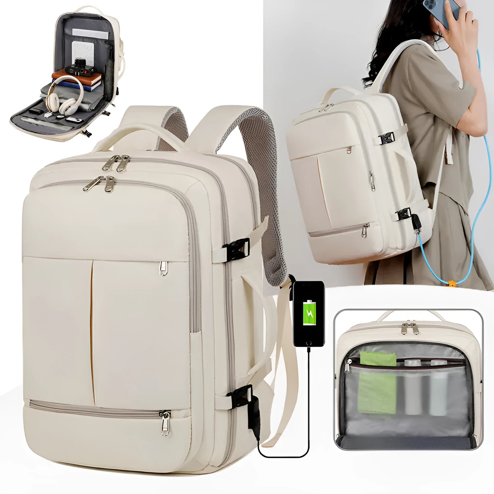 Waterproof Oxford cloth backpack in five colours showing multiple pockets and laptop compartment