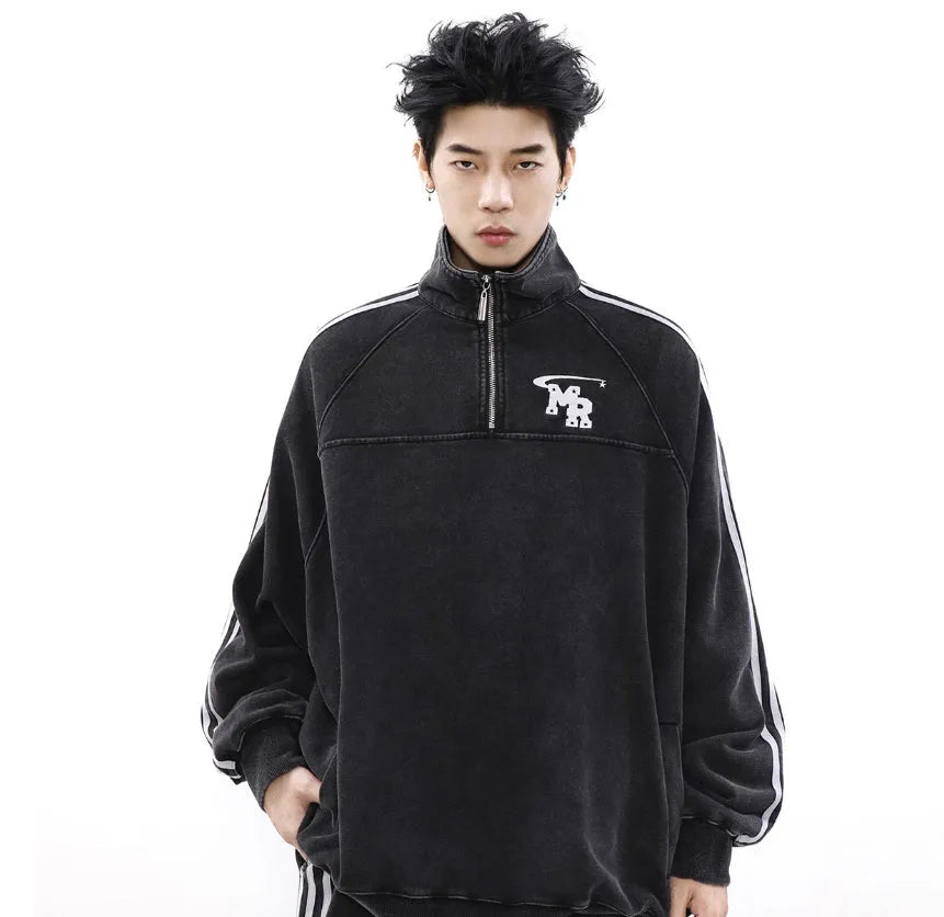 Black stand collar retro sports hoodie with long sleeves in polyester fabric for couple wear