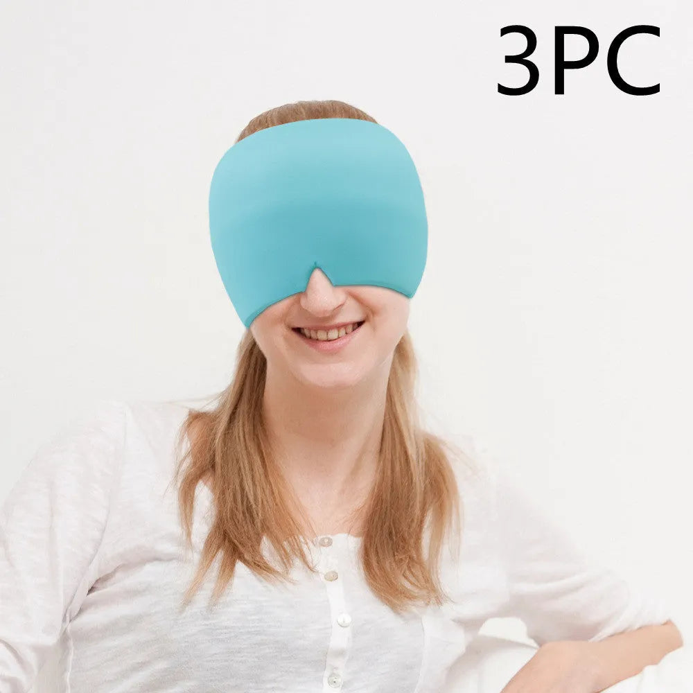 Black elastic cloth gel cooling eye mask for headache relief, shown with adjustable strap.