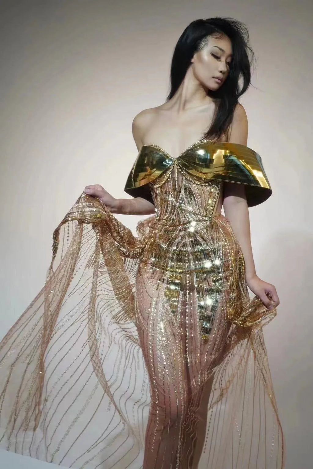Gold strapless sequined tulle dress with thigh-high split and tube top for women's formal evening wear