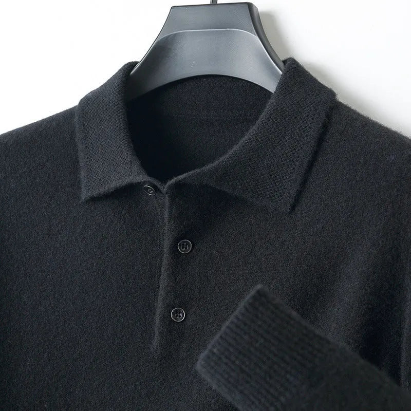 Men's woolen polo collar sweater pullover in black with long sleeves and stitched craft detail