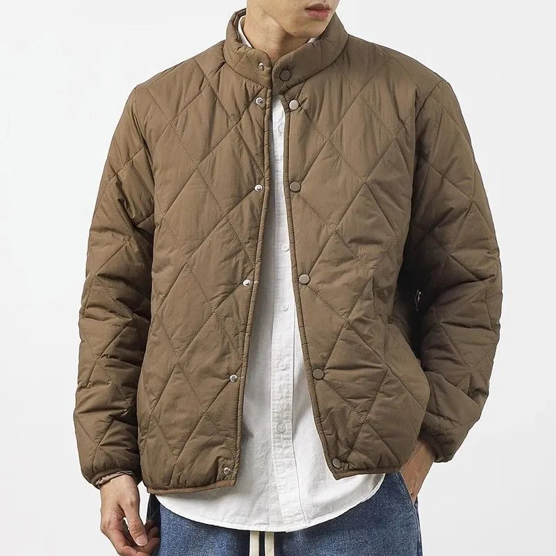 Men's black diamond lattice patterned cotton-padded winter jacket with 100cm length